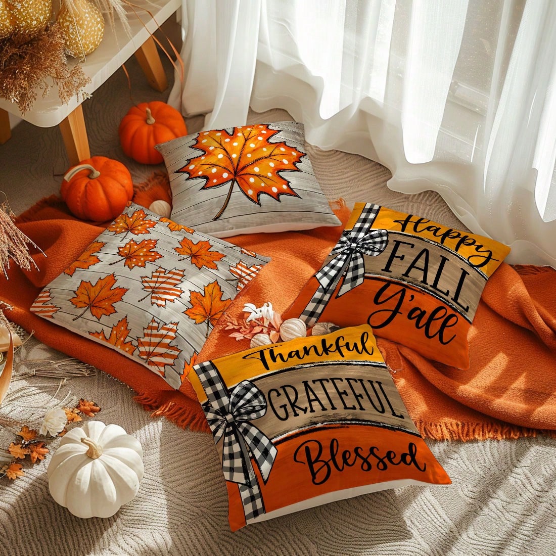 MEMNUN 4pcs Autumn Vintage Wood Grain Polka Dot Maple Leaf Print Cushion Covers [Pillow Insert Not Included], 40*40cm/45*45cm/50*50cm, [Single-Sided Print] Made Of Polyester Material Black And White P