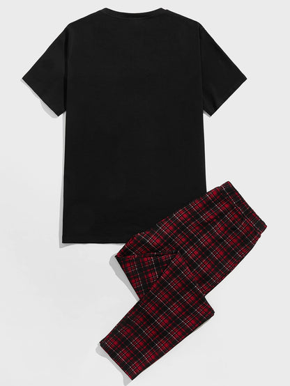 Men Round Neck Tee and Tartan Pants PJ Set