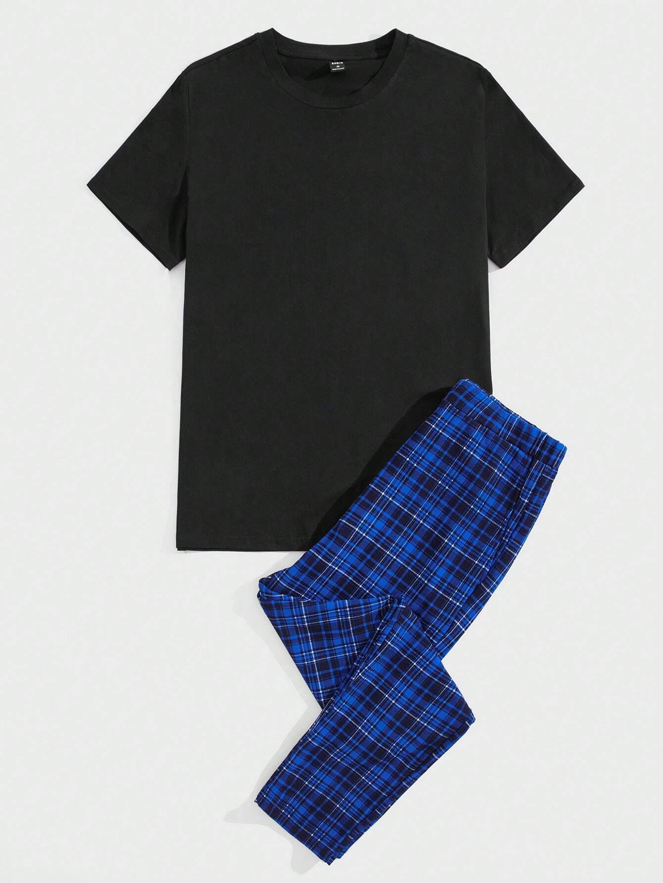 Men Round Neck Tee and Tartan Pants PJ Set