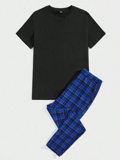 Men Round Neck Tee and Tartan Pants PJ Set