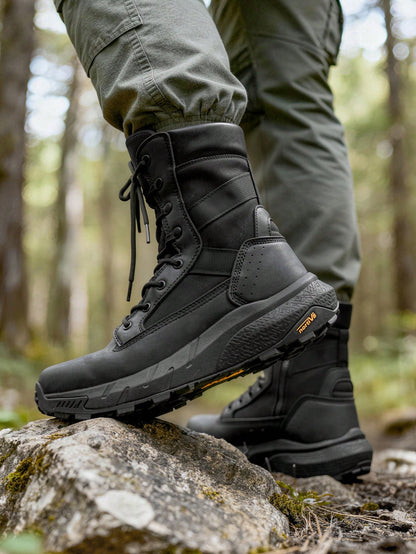 Men's Breathable Tactical Military Work Boots Side Zipper Leather Lightweight Hiking Motorcycle Combat Boots 8 Inches Recon