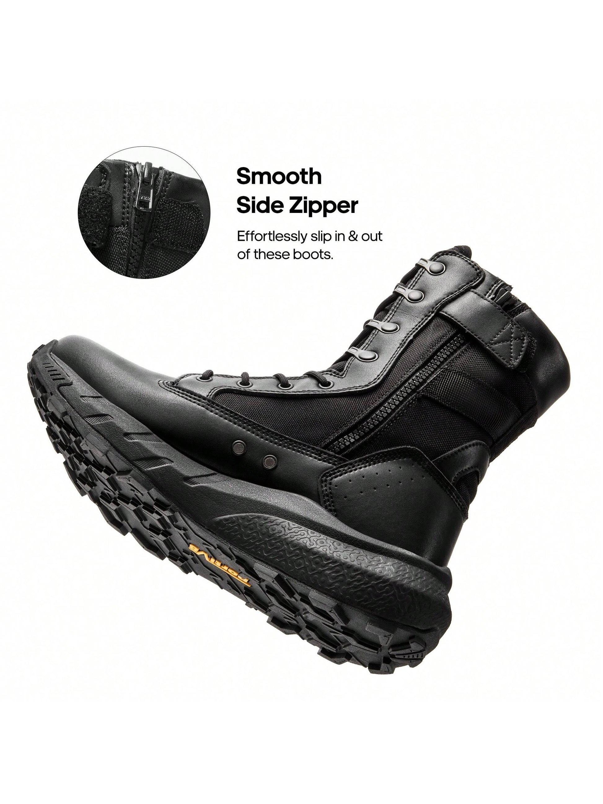 Men's Breathable Tactical Military Work Boots Side Zipper Leather Lightweight Hiking Motorcycle Combat Boots 8 Inches Recon