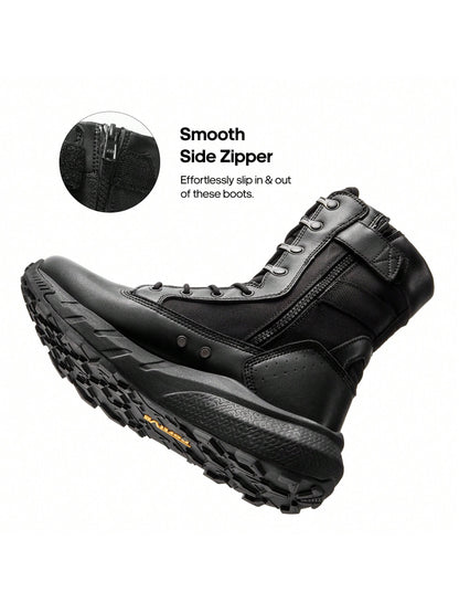 Men's Breathable Tactical Military Work Boots Side Zipper Leather Lightweight Hiking Motorcycle Combat Boots 8 Inches Recon