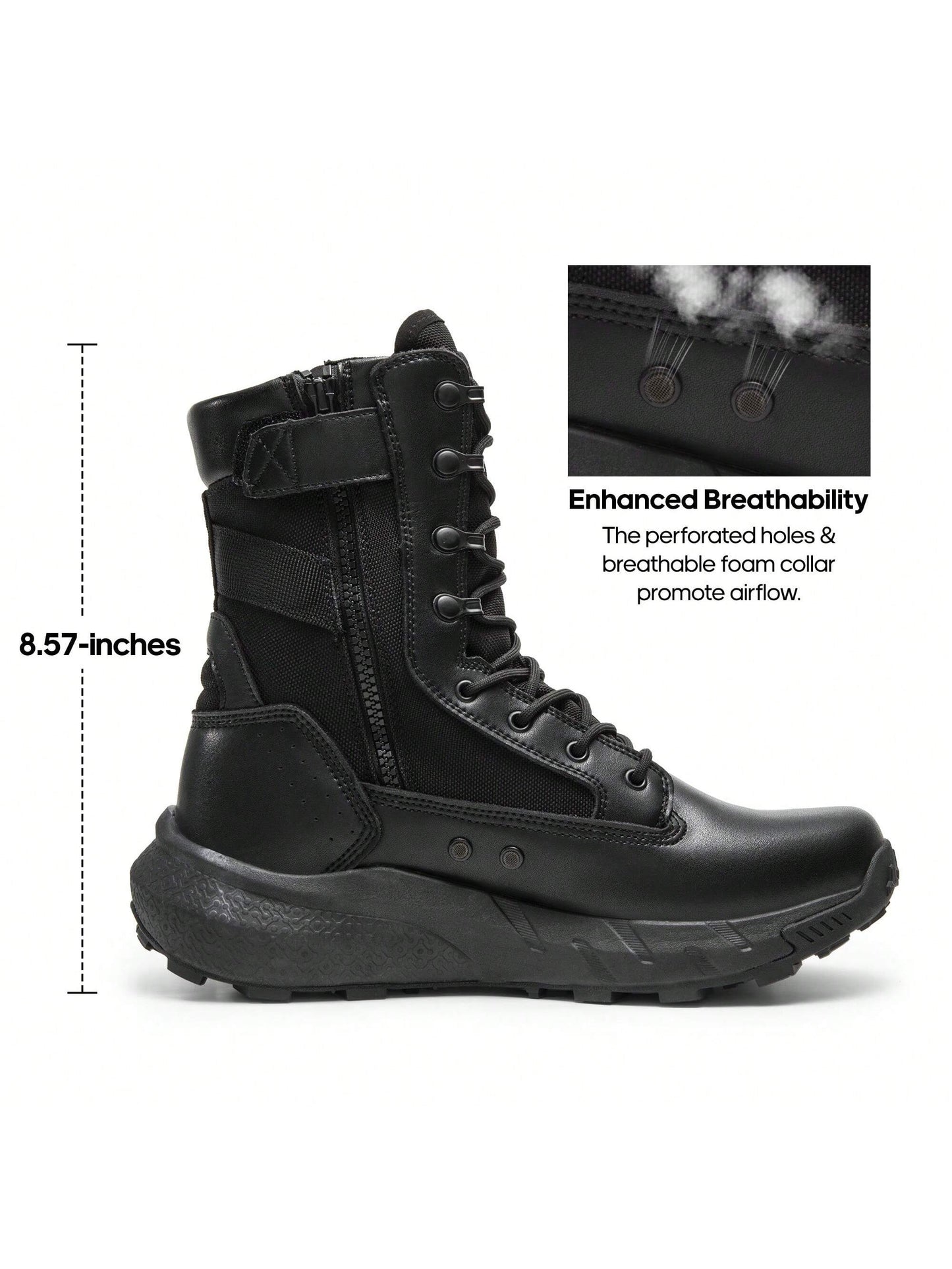 Men's Breathable Tactical Military Work Boots Side Zipper Leather Lightweight Hiking Motorcycle Combat Boots 8 Inches Recon