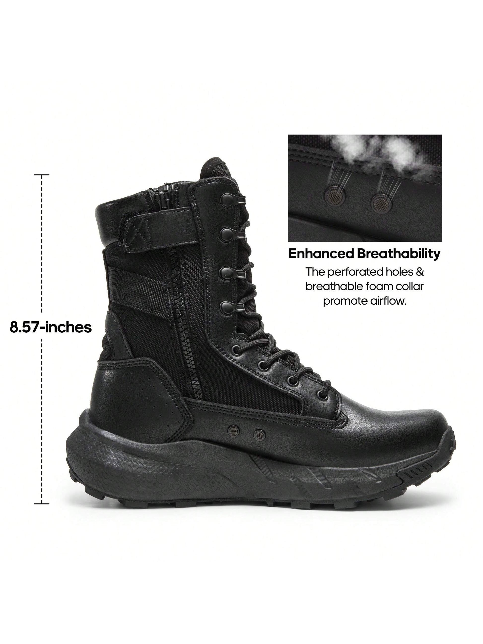 Men's Breathable Tactical Military Work Boots Side Zipper Leather Lightweight Hiking Motorcycle Combat Boots 8 Inches Recon