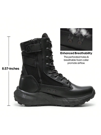 Men's Breathable Tactical Military Work Boots Side Zipper Leather Lightweight Hiking Motorcycle Combat Boots 8 Inches Recon