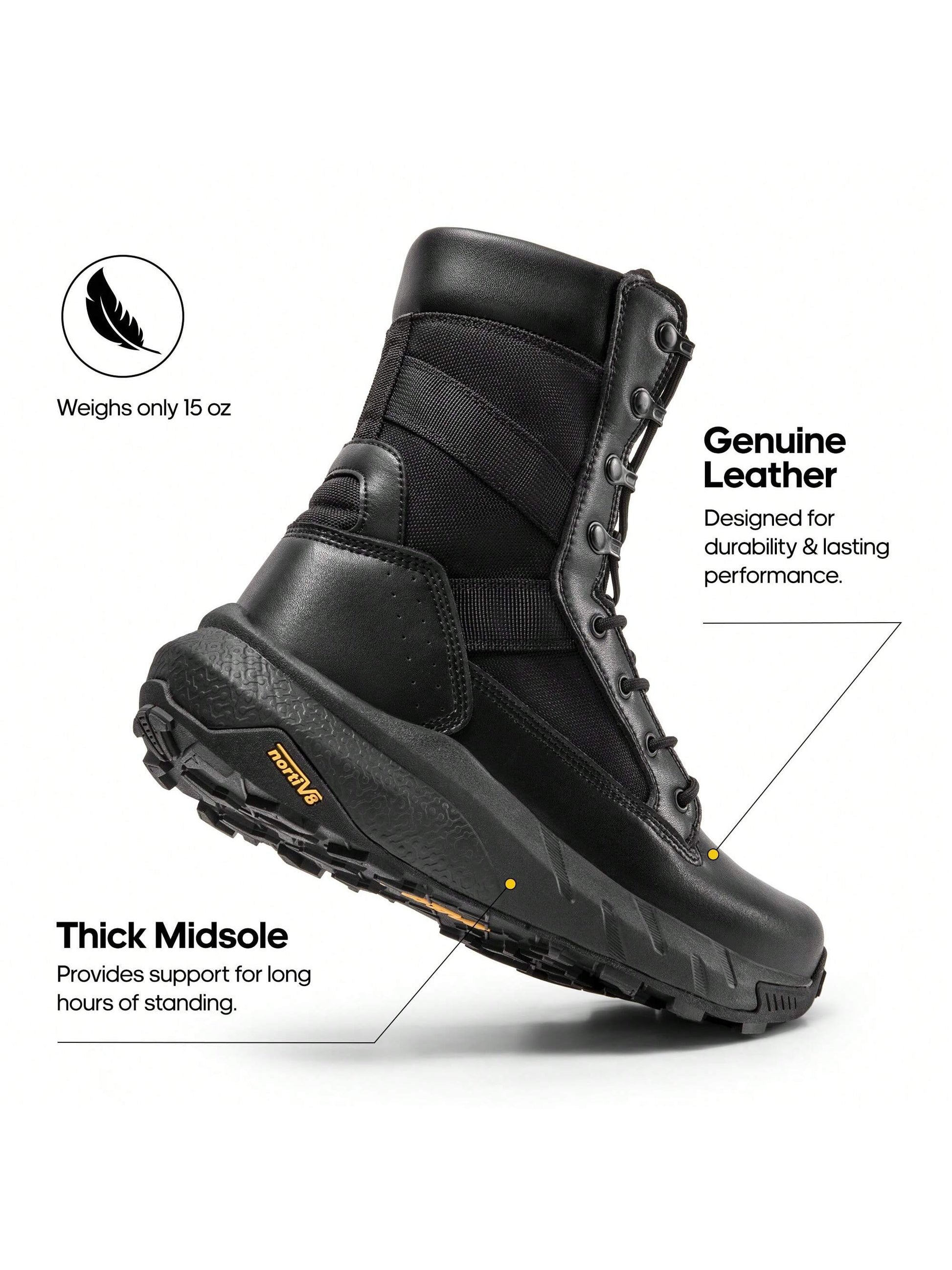 Men's Breathable Tactical Military Work Boots Side Zipper Leather Lightweight Hiking Motorcycle Combat Boots 8 Inches Recon