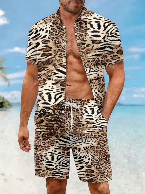 Men's Casual Collared Shirt And Beach Shorts Set, Leopard And Zebra Print Pattern Mixperfect For Vacation Wear.