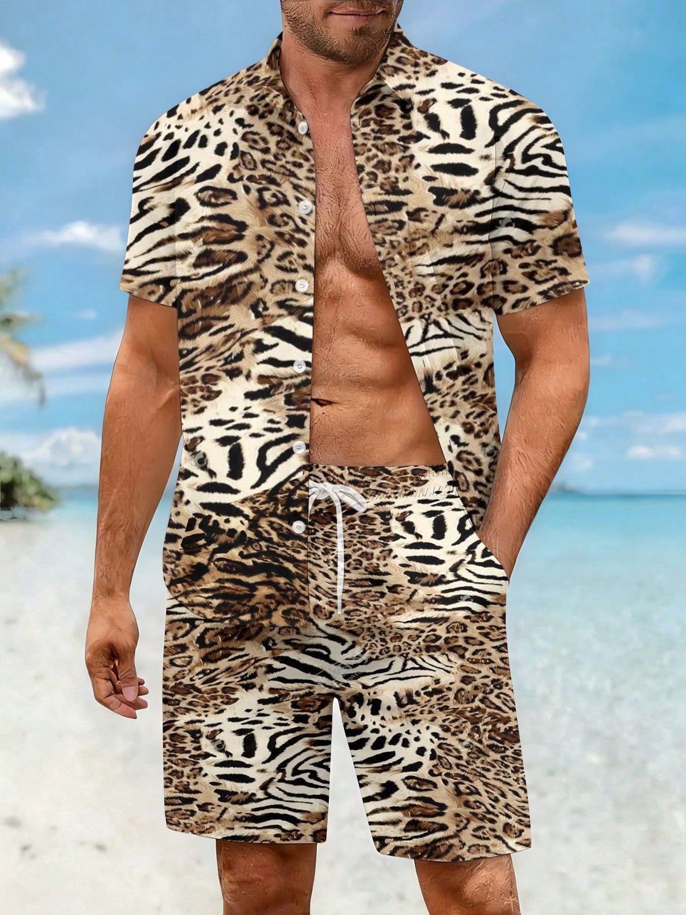 Men's Casual Collared Shirt And Beach Shorts Set, Leopard And Zebra Print Pattern Mixperfect For Vacation Wear.