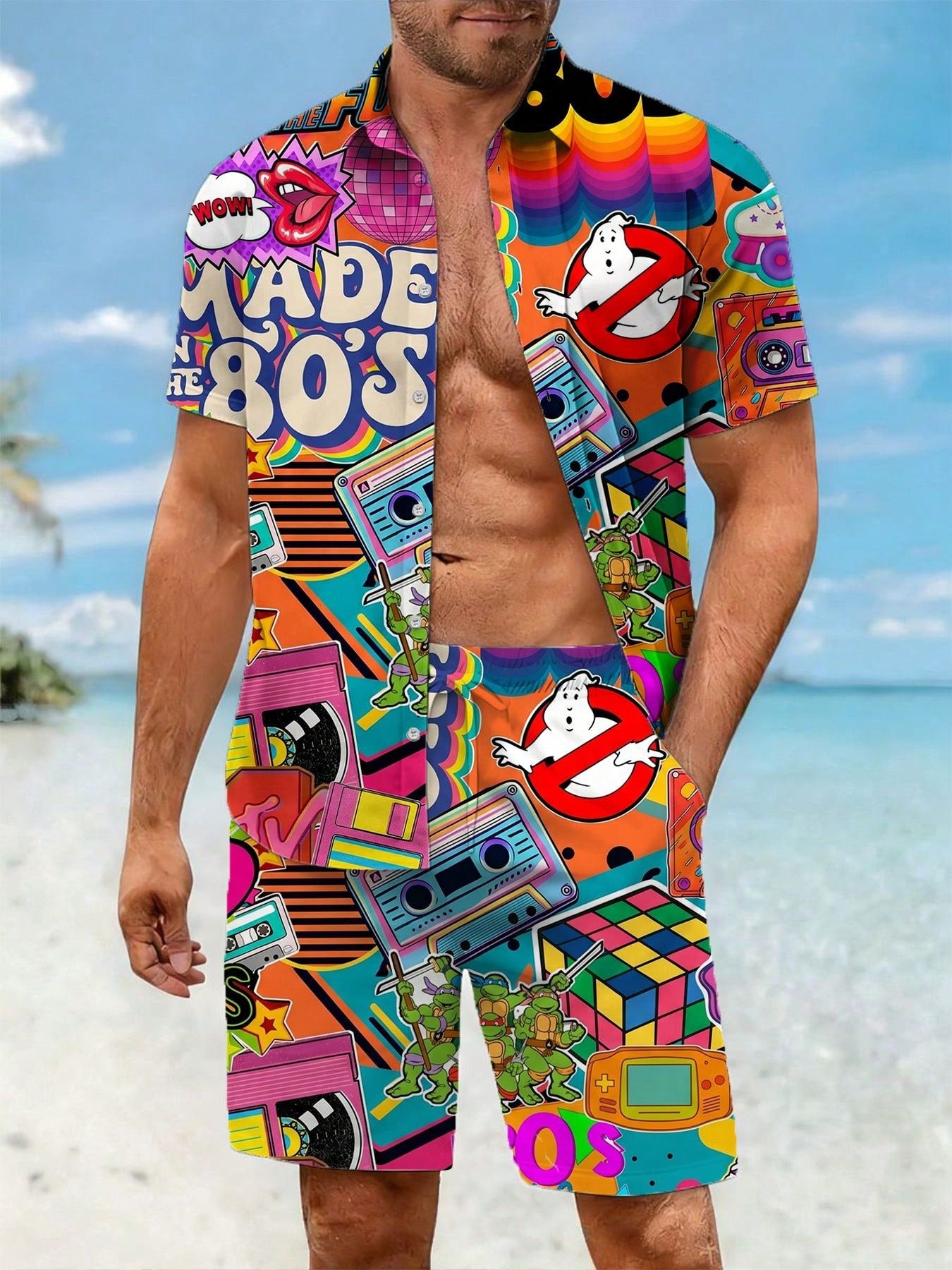 Men's Casual Collared Shirt And Beach Shorts Set, Leopard And Zebra Print Pattern Mixperfect For Vacation Wear.