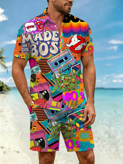 Men's Casual Collared Shirt And Beach Shorts Set, Leopard And Zebra Print Pattern Mixperfect For Vacation Wear.