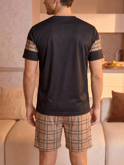 Men's Minimalist Pajama Set, Black Plaid & Striped Patchwork Loungewear 2 Pieces Set