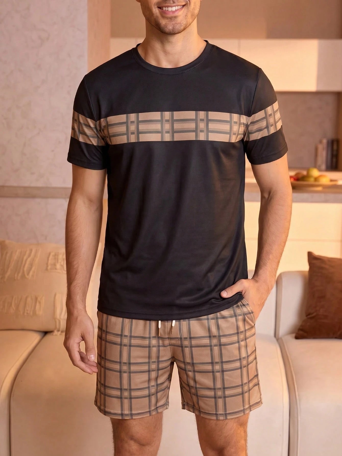 Men's Minimalist Pajama Set, Black Plaid & Striped Patchwork Loungewear 2 Pieces Set