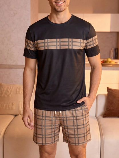 Men's Minimalist Pajama Set, Black Plaid & Striped Patchwork Loungewear 2 Pieces Set