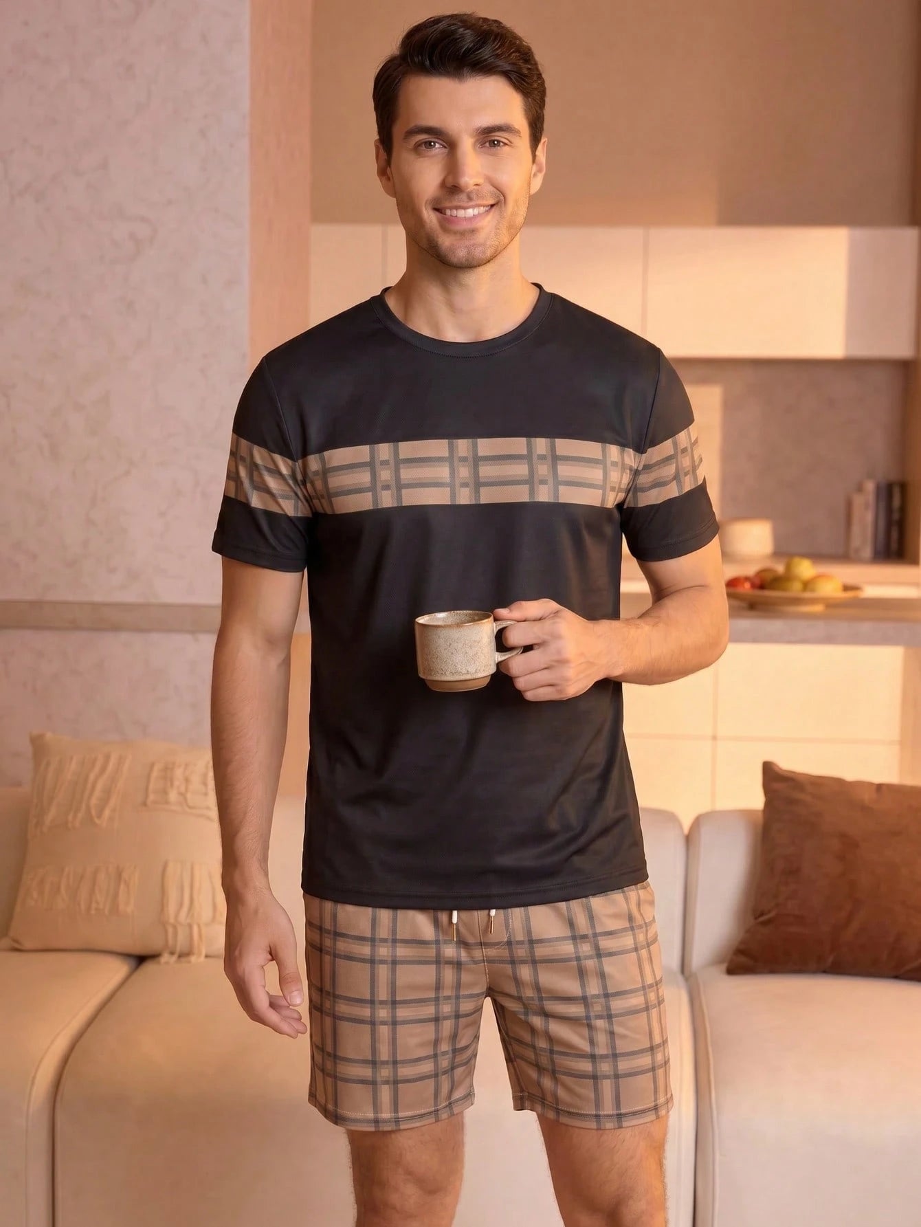 Men's Minimalist Pajama Set, Black Plaid & Striped Patchwork Loungewear 2 Pieces Set