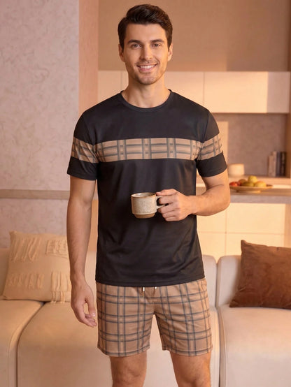 Men's Minimalist Pajama Set, Black Plaid & Striped Patchwork Loungewear 2 Pieces Set