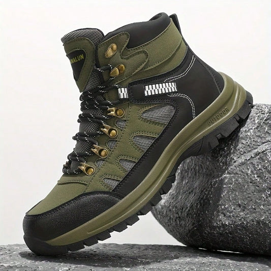 Men's Patchwork High-Top Hiking Boots, Breathable Mesh Material, Non-Slip Wear-Resistant Sole, Lace-Up Design, Suitable For Outdoor Hiking And Walking On Mountain Trails