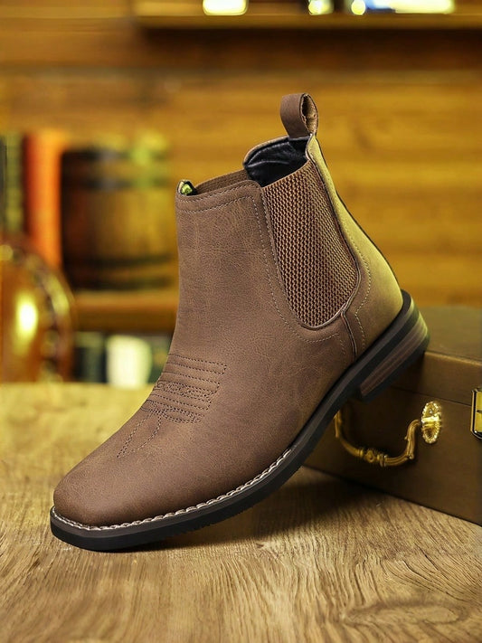 Men's Vintage Stitch Embroidery Chelsea Ankle Boots Elastic Side Slip On Faux Leather Low Block Heel Western Footwear For Daily Dating Party Outdoor