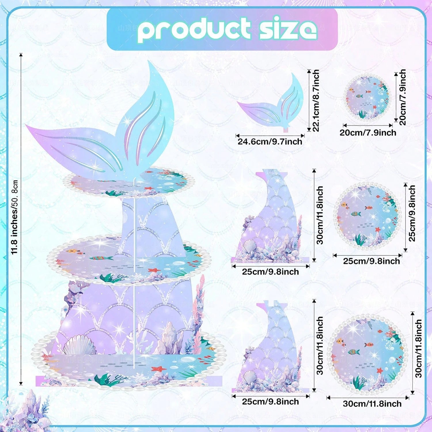 Mermaid Theme 3-Tier Paper Cake Stand, Dreamy Fish Tail Cupcake Dessert Display Rack, Girls Birthday Party Baby First Birthday Ocean Theme Tabletop Decoration