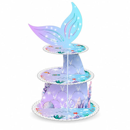 Mermaid Theme 3-Tier Paper Cake Stand, Dreamy Fish Tail Cupcake Dessert Display Rack, Girls Birthday Party Baby First Birthday Ocean Theme Tabletop Decoration