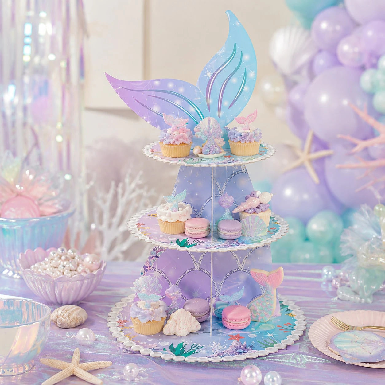 Mermaid Theme 3-Tier Paper Cake Stand, Dreamy Fish Tail Cupcake Dessert Display Rack, Girls Birthday Party Baby First Birthday Ocean Theme Tabletop Decoration