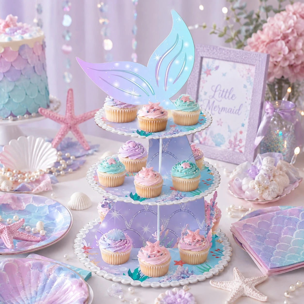 Mermaid Theme 3-Tier Paper Cake Stand, Dreamy Fish Tail Cupcake Dessert Display Rack, Girls Birthday Party Baby First Birthday Ocean Theme Tabletop Decoration