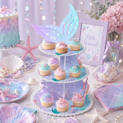 Mermaid Theme 3-Tier Paper Cake Stand, Dreamy Fish Tail Cupcake Dessert Display Rack, Girls Birthday Party Baby First Birthday Ocean Theme Tabletop Decoration