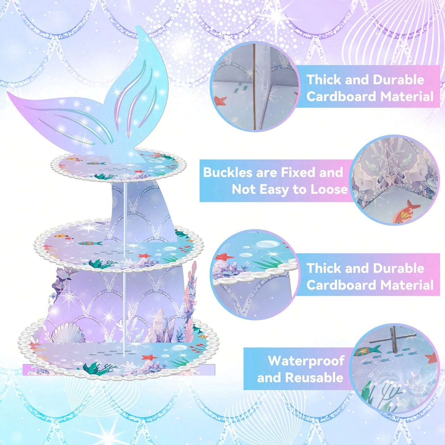 Mermaid Theme 3-Tier Paper Cake Stand, Dreamy Fish Tail Cupcake Dessert Display Rack, Girls Birthday Party Baby First Birthday Ocean Theme Tabletop Decoration