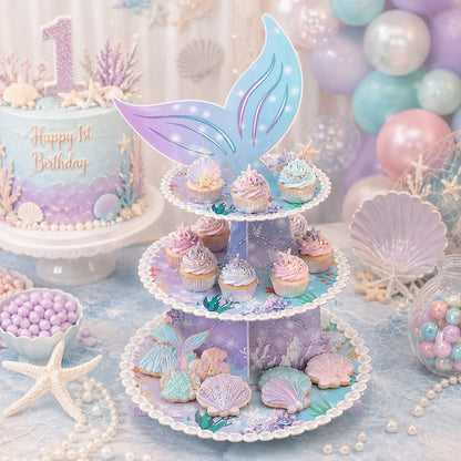 Mermaid Theme 3-Tier Paper Cake Stand, Dreamy Fish Tail Cupcake Dessert Display Rack, Girls Birthday Party Baby First Birthday Ocean Theme Tabletop Decoration