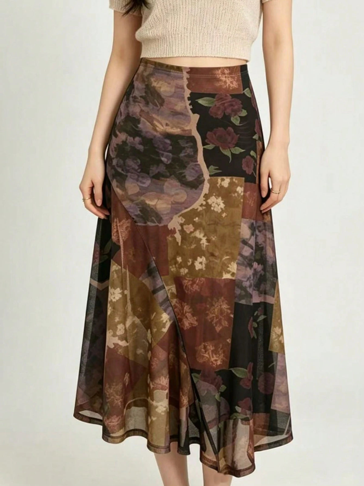 Mesh Floral Print Patchwork Asymmetric Skirt Spring Vacation