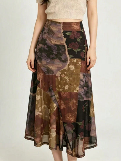 Mesh Floral Print Patchwork Asymmetric Skirt Spring Vacation