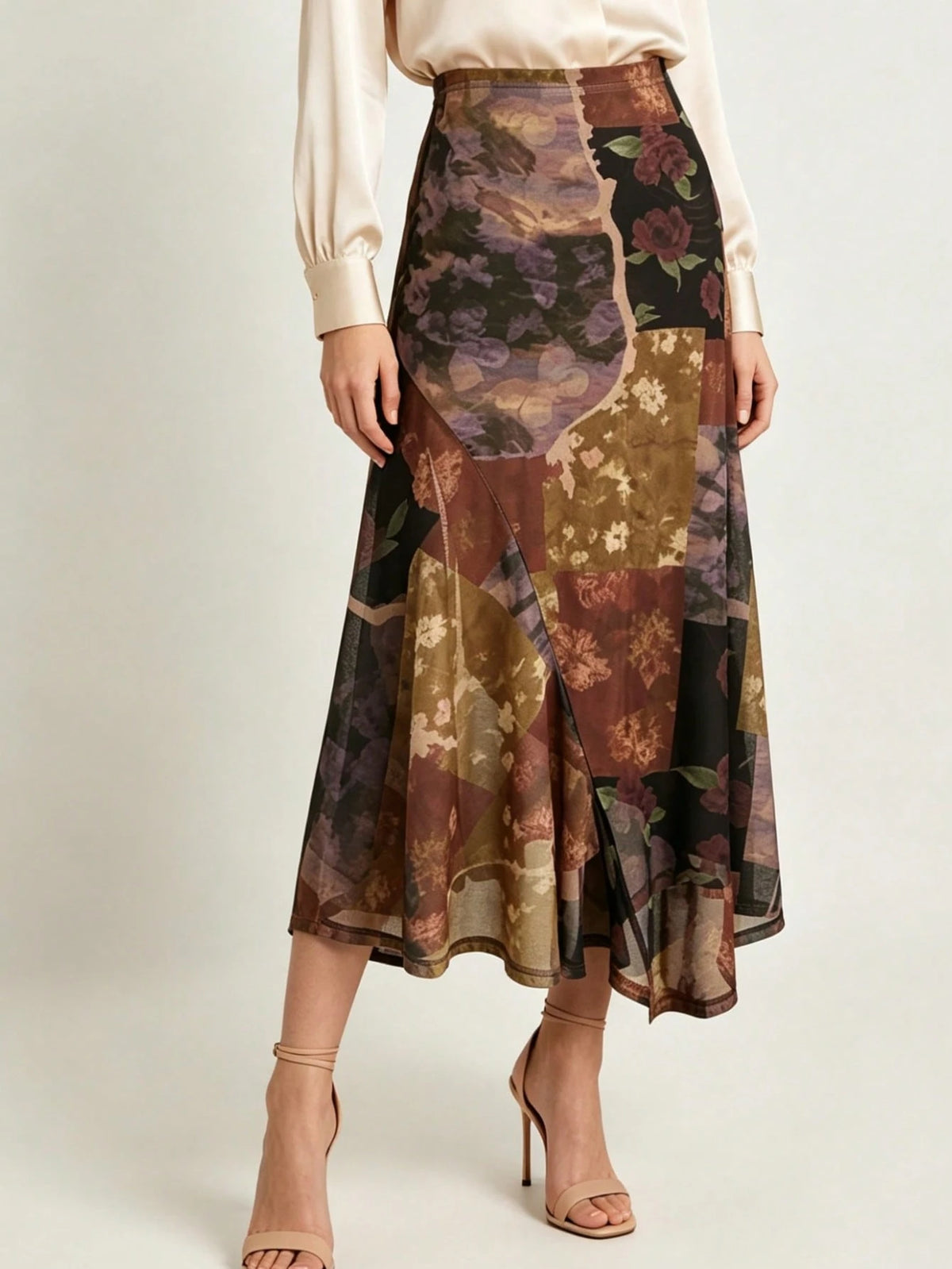 Mesh Floral Print Patchwork Asymmetric Skirt Spring Vacation