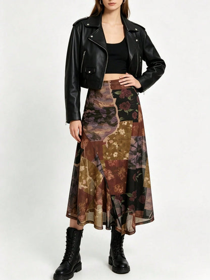 Mesh Floral Print Patchwork Asymmetric Skirt Spring Vacation