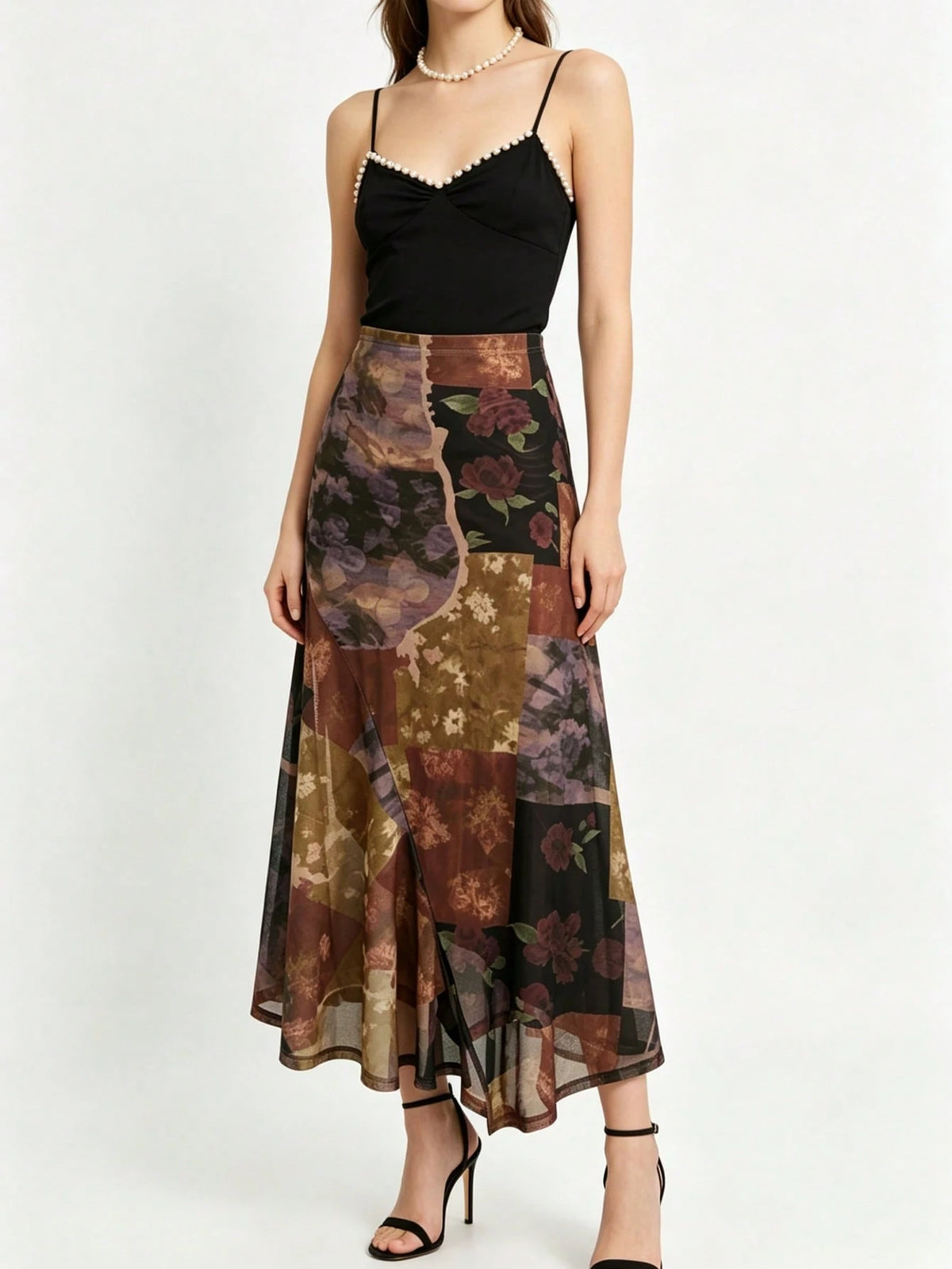 Mesh Floral Print Patchwork Asymmetric Skirt Spring Vacation