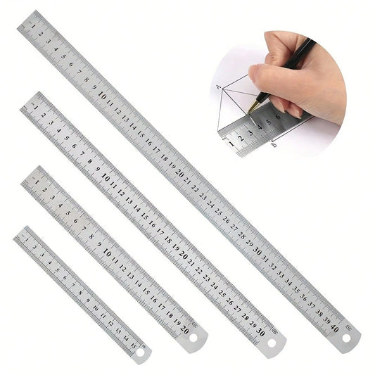 Metal Ruler Set, 4 Sizes Stainless Steel Rulers 15cm(6in) 20cm(8in) 30cm(12in) 40cm(16in) Dual Scale Metric & Imperial, Measuring Tool Metal Steel Ruler, Suitable For Teaching, Office, Drawing, Engine