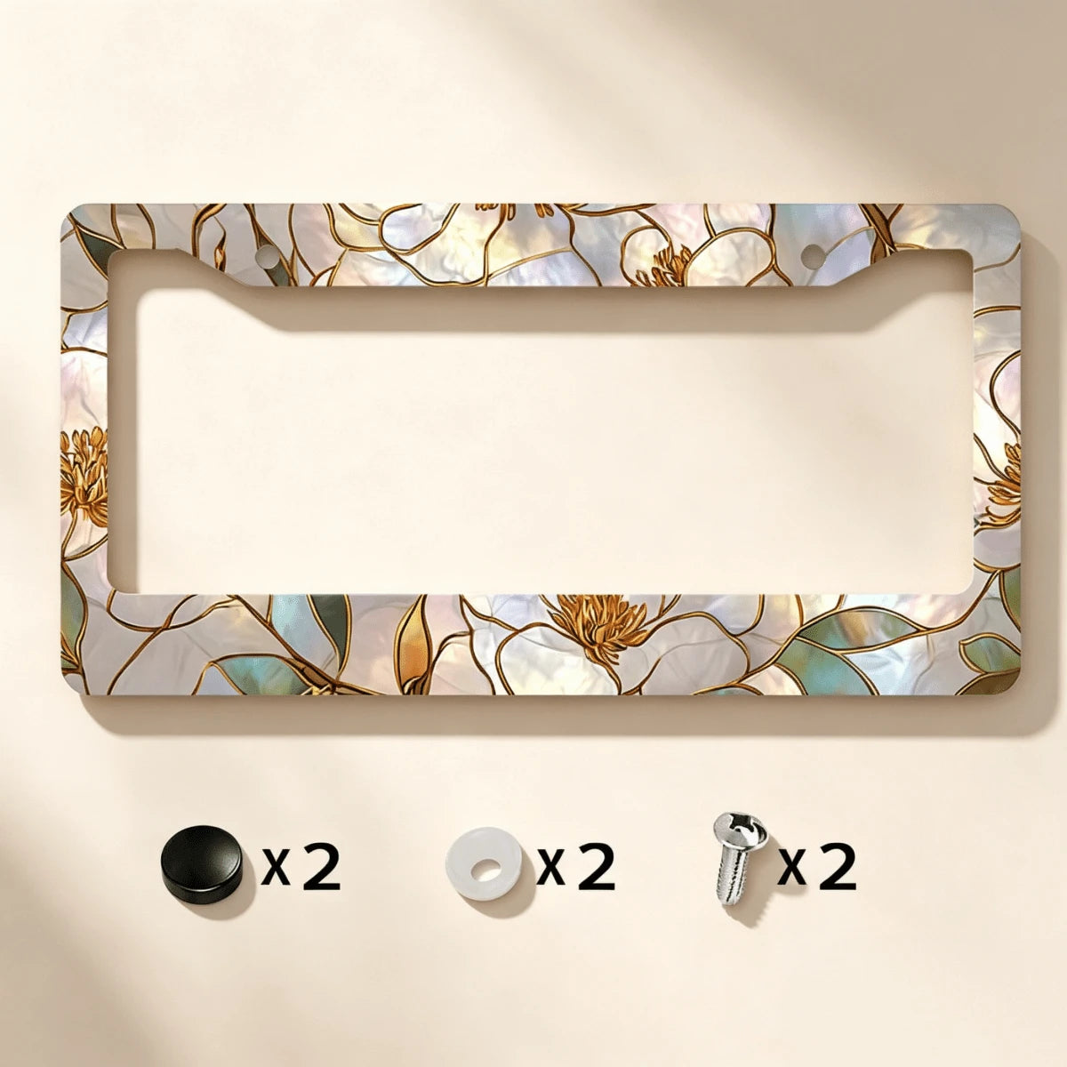 Metallic License Plate Frame, Adorned With A Painted Glass Magnolia Pattern And Gold Outlines, Designed For Outdoor Car Decoration During Spring Festivals