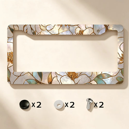 Metallic License Plate Frame, Adorned With A Painted Glass Magnolia Pattern And Gold Outlines, Designed For Outdoor Car Decoration During Spring Festivals