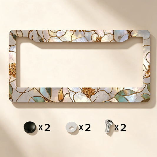 Metallic License Plate Frame, Adorned With A Painted Glass Magnolia Pattern And Gold Outlines, Designed For Outdoor Car Decoration During Spring Festivals