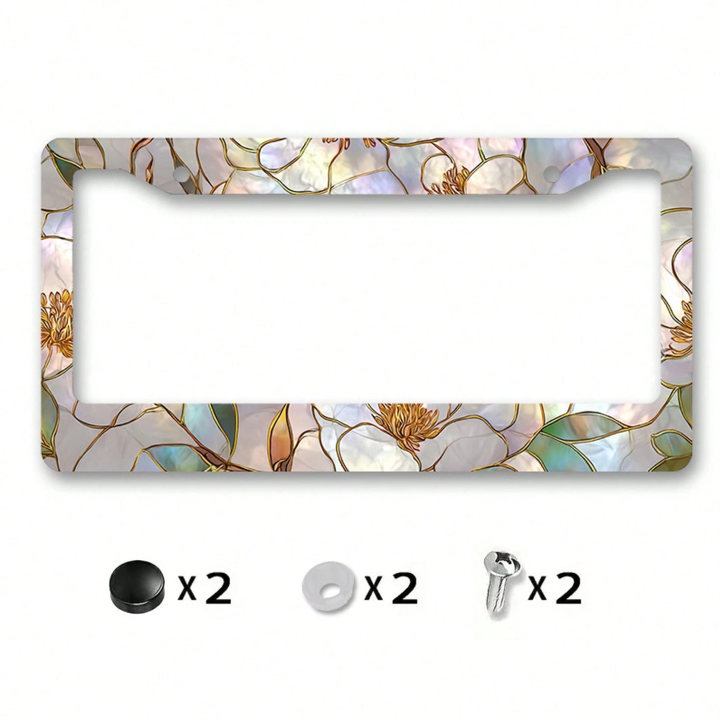 Metallic License Plate Frame, Adorned With A Painted Glass Magnolia Pattern And Gold Outlines, Designed For Outdoor Car Decoration During Spring Festivals