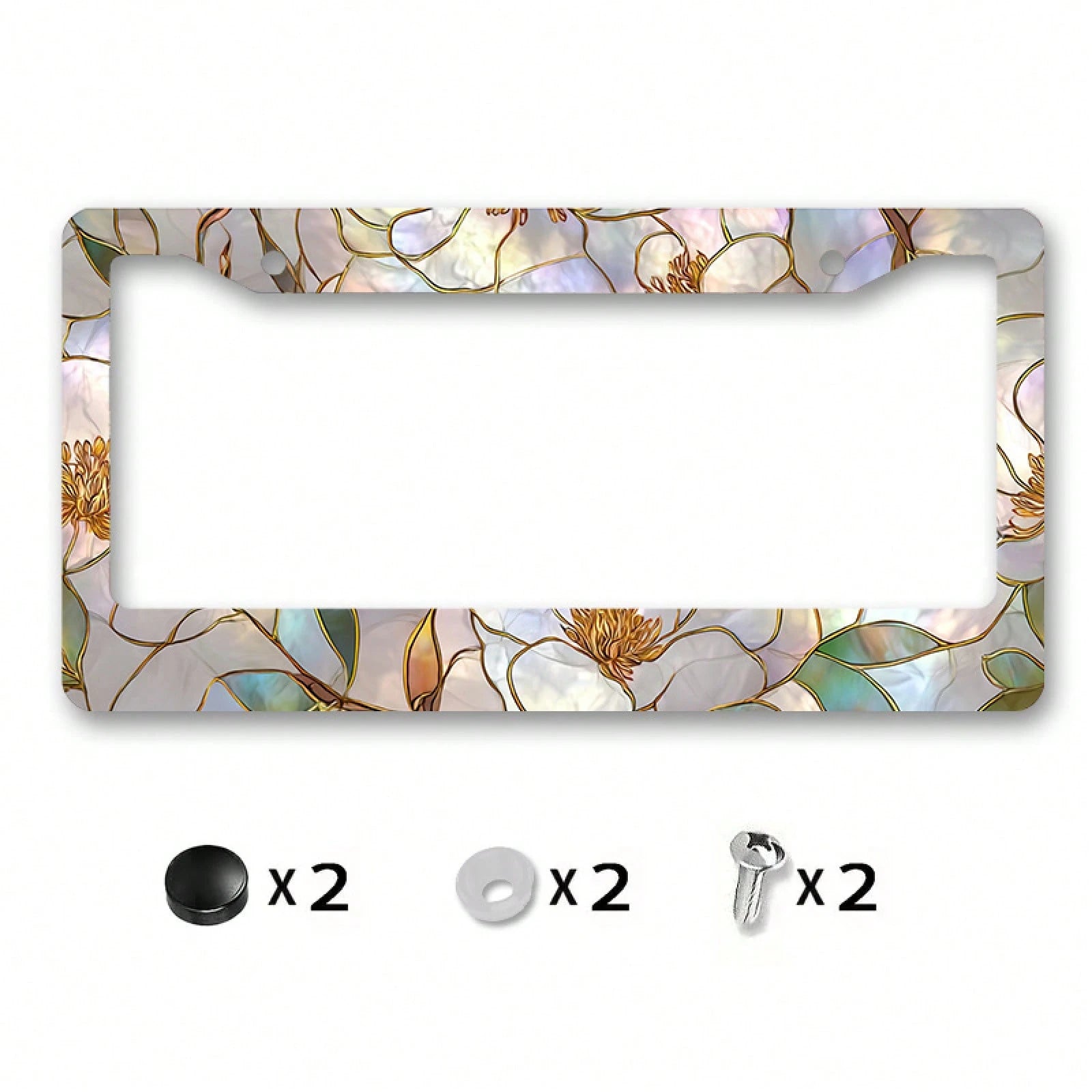 Metallic License Plate Frame, Adorned With A Painted Glass Magnolia Pattern And Gold Outlines, Designed For Outdoor Car Decoration During Spring Festivals
