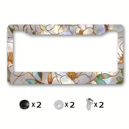 Metallic License Plate Frame, Adorned With A Painted Glass Magnolia Pattern And Gold Outlines, Designed For Outdoor Car Decoration During Spring Festivals