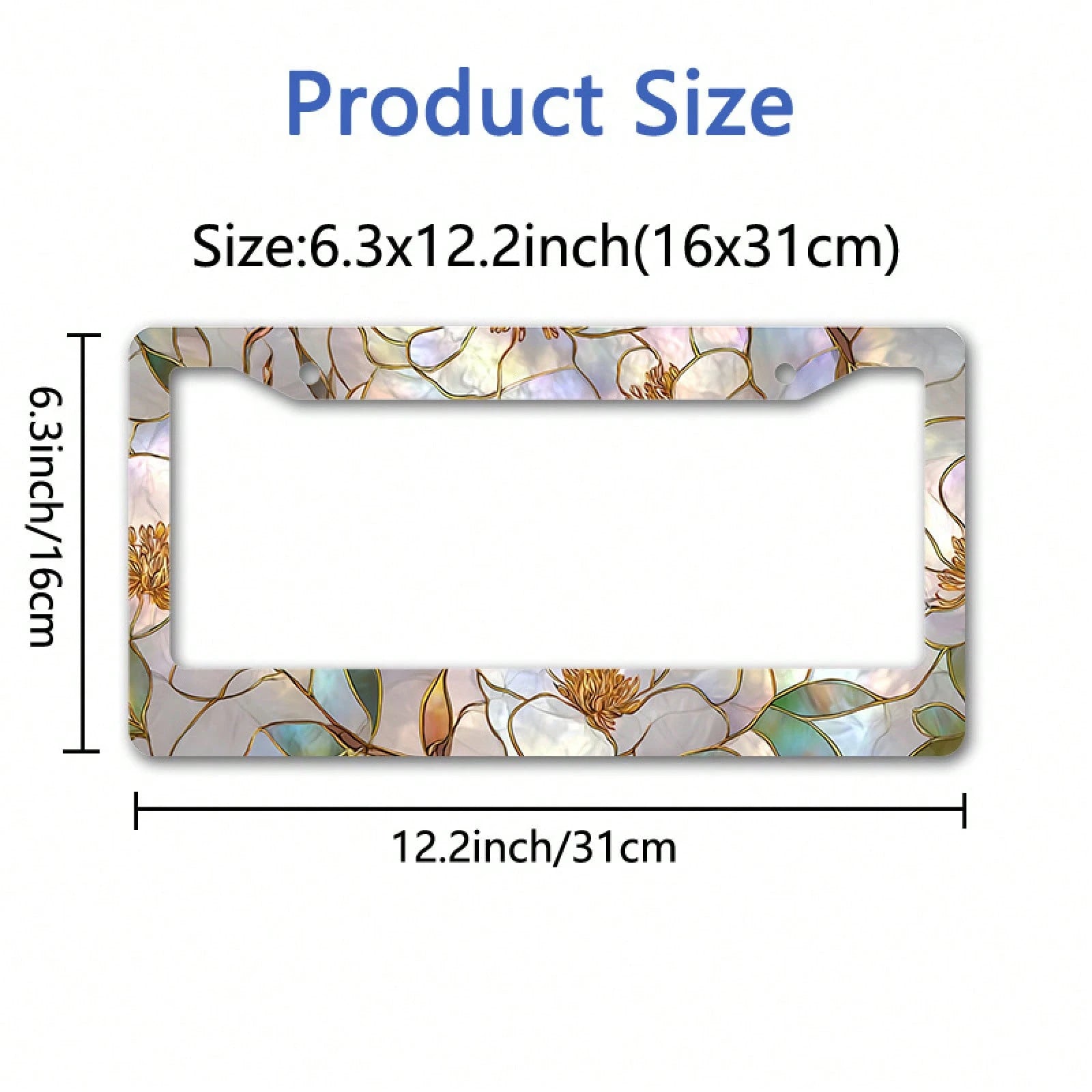 Metallic License Plate Frame, Adorned With A Painted Glass Magnolia Pattern And Gold Outlines, Designed For Outdoor Car Decoration During Spring Festivals
