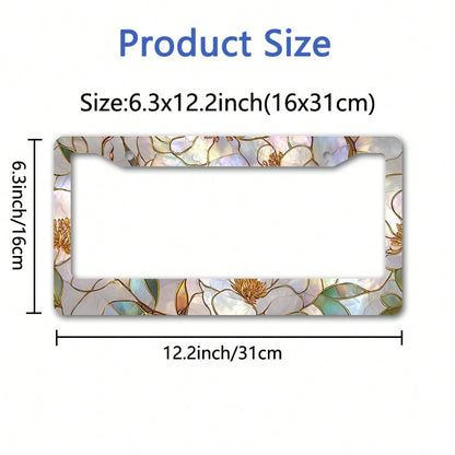 Metallic License Plate Frame, Adorned With A Painted Glass Magnolia Pattern And Gold Outlines, Designed For Outdoor Car Decoration During Spring Festivals