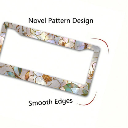 Metallic License Plate Frame, Adorned With A Painted Glass Magnolia Pattern And Gold Outlines, Designed For Outdoor Car Decoration During Spring Festivals