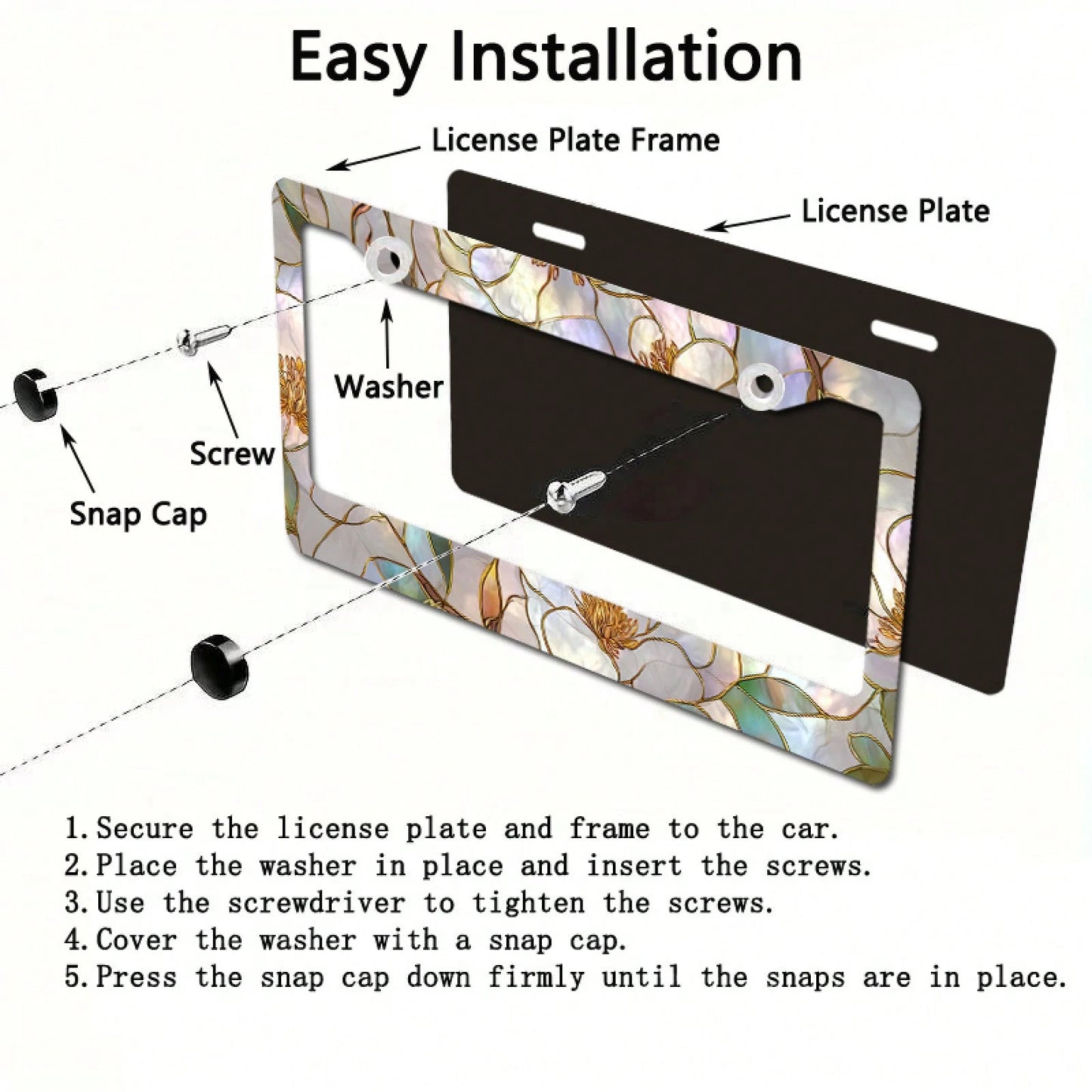 Metallic License Plate Frame, Adorned With A Painted Glass Magnolia Pattern And Gold Outlines, Designed For Outdoor Car Decoration During Spring Festivals