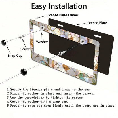 Metallic License Plate Frame, Adorned With A Painted Glass Magnolia Pattern And Gold Outlines, Designed For Outdoor Car Decoration During Spring Festivals