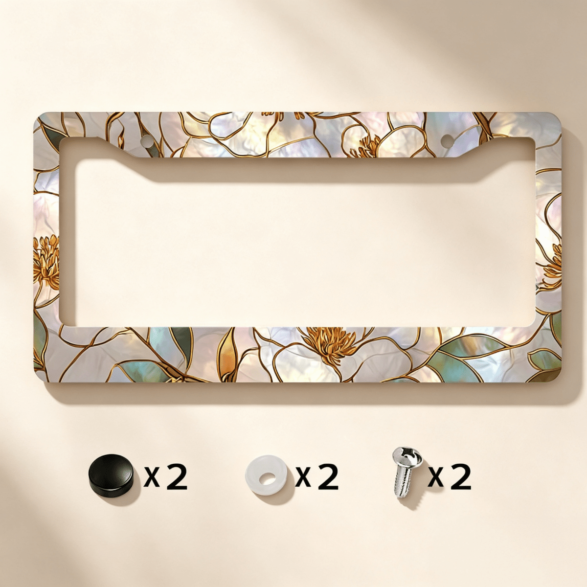 Metallic License Plate Frame, Adorned With A Painted Glass Magnolia Pattern And Gold Outlines, Designed For Outdoor Car Decoration During Spring Festivals