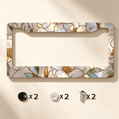 Metallic License Plate Frame, Adorned With A Painted Glass Magnolia Pattern And Gold Outlines, Designed For Outdoor Car Decoration During Spring Festivals