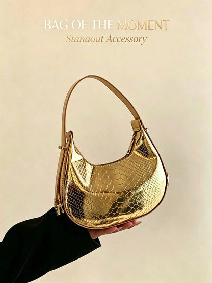Metallic Snakeskin Embossed Hobo Bag Solid Color Crocodile Embossed Shoulder Bag,Wallet,Handbag,Travel Essentials,Beach,Vacation Essentials,Wedding