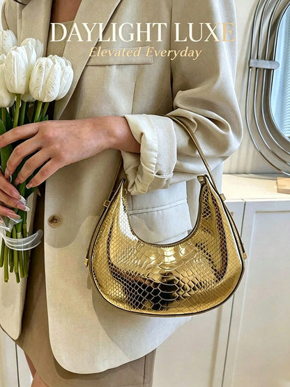 Metallic Snakeskin Embossed Hobo Bag Solid Color Crocodile Embossed Shoulder Bag,Wallet,Handbag,Travel Essentials,Beach,Vacation Essentials,Wedding